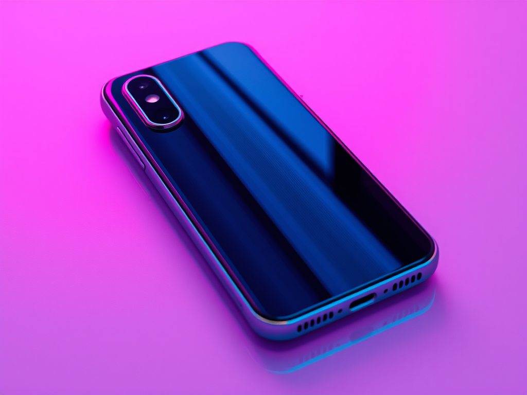 Een smartphone met een reflecterende achterkant, geplaatst op een paarse achtergrond.